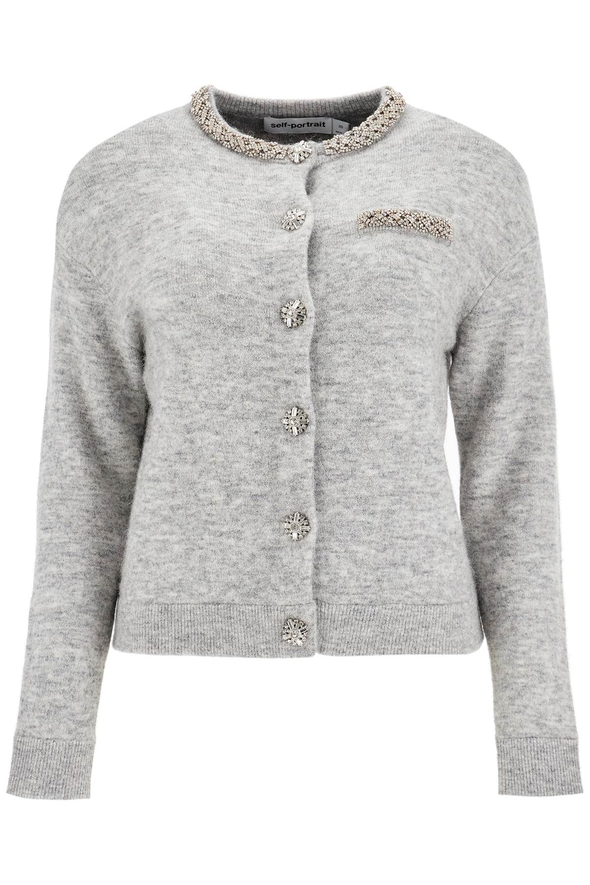 Shop Self-portrait Melange Cardigan With Crystals In Grey