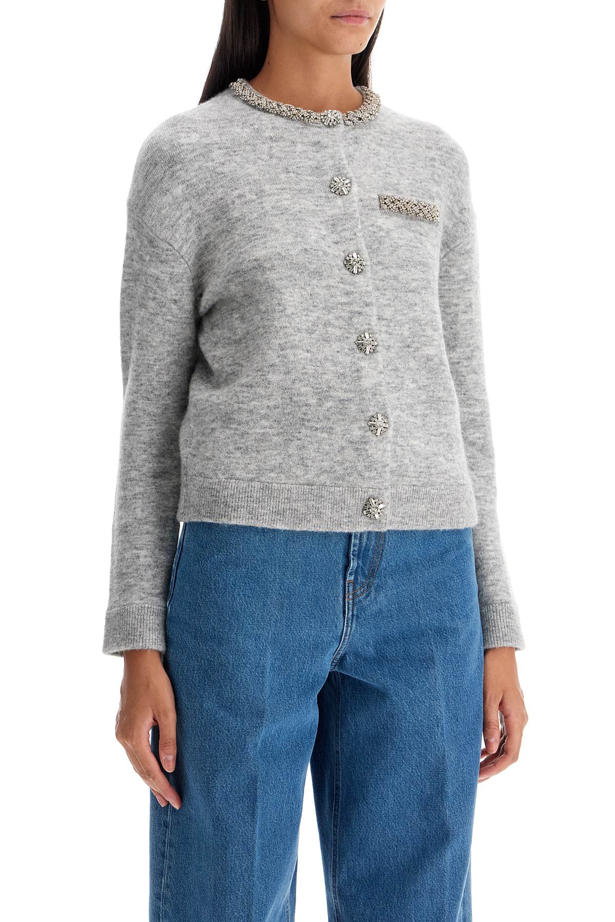 Shop Self-portrait Melange Cardigan With Crystals In Grey