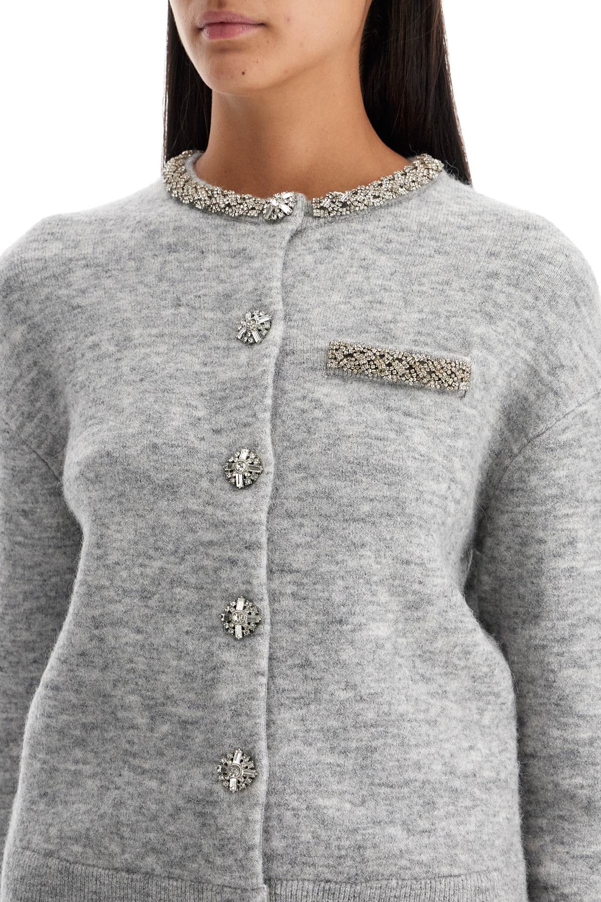 Shop Self-portrait Melange Cardigan With Crystals In Grey