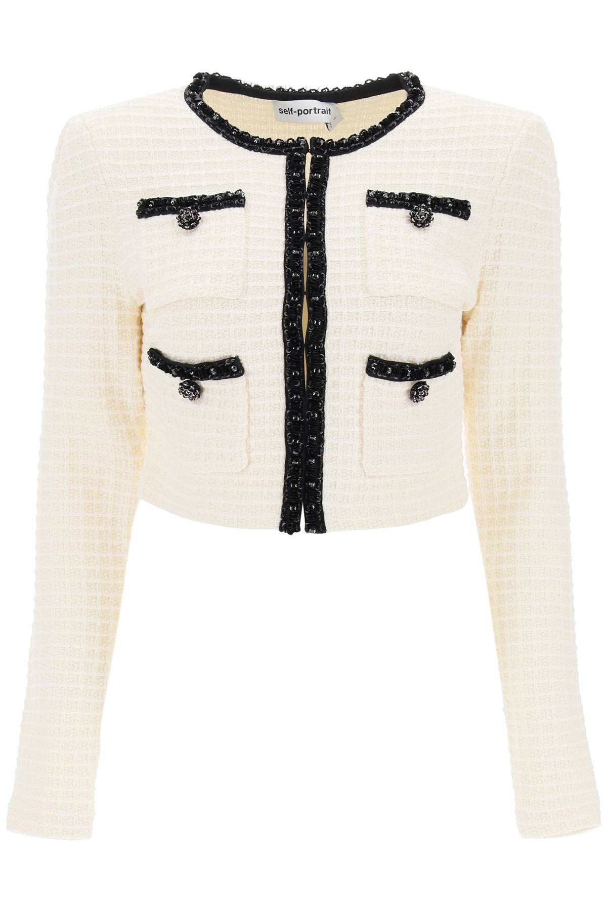 Shop Self-portrait Cropped Cardigan With Sequin Trims In White,black
