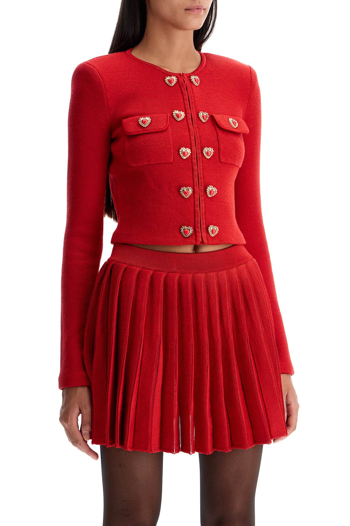 Shop Self-portrait Short Knitted Cardigan With Heart-shaped Buttons In Red