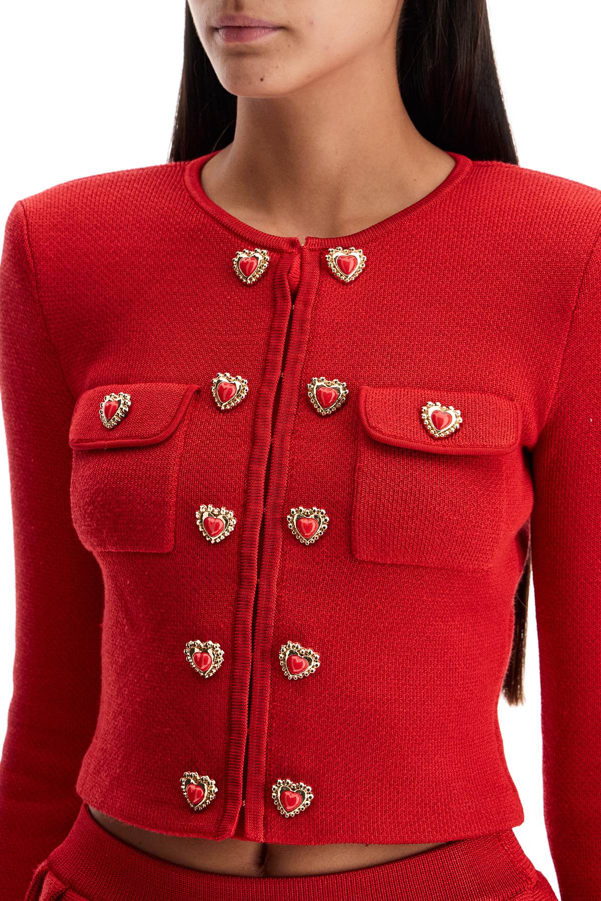 Shop Self-portrait Short Knitted Cardigan With Heart-shaped Buttons In Red