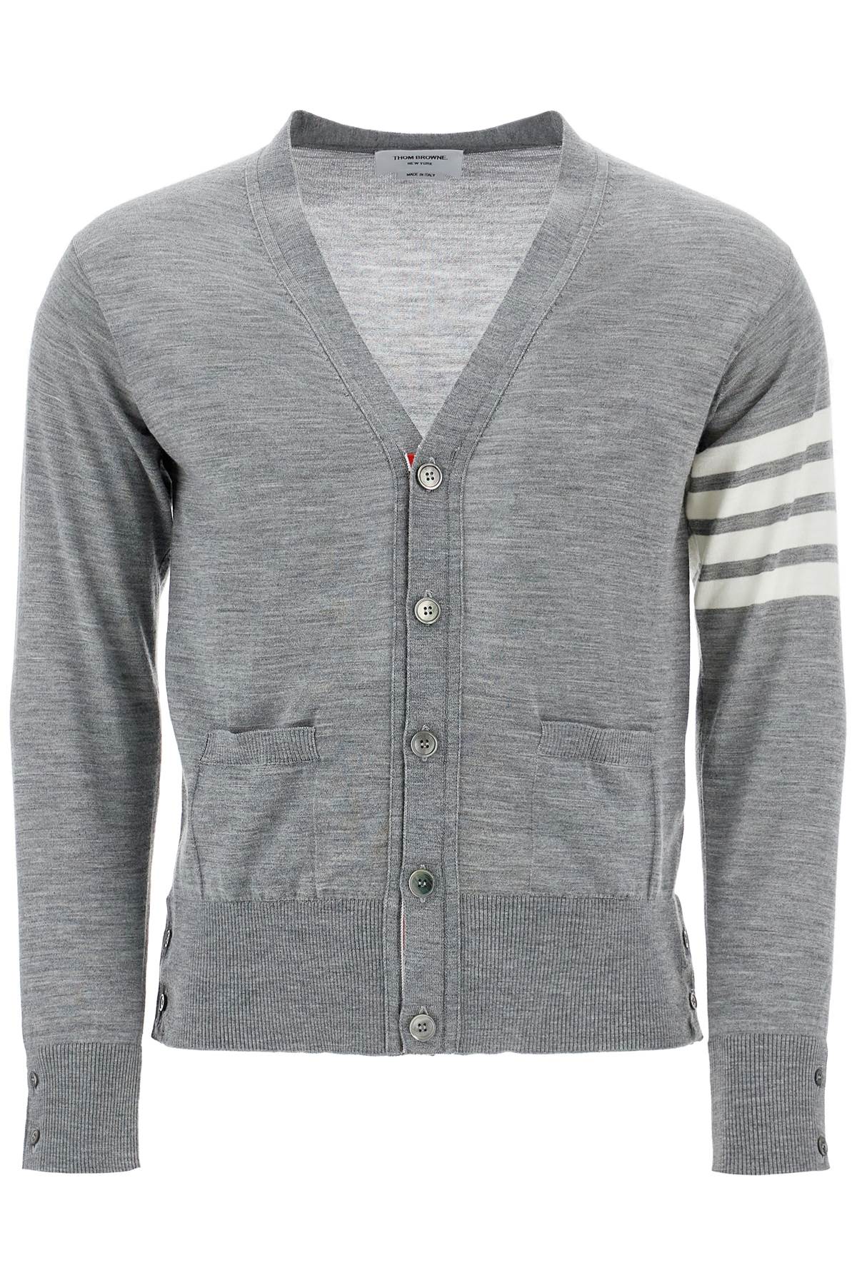 Thom Browne Men's Cardigan In Pale Grey Merino Wool With 4 White Stripes