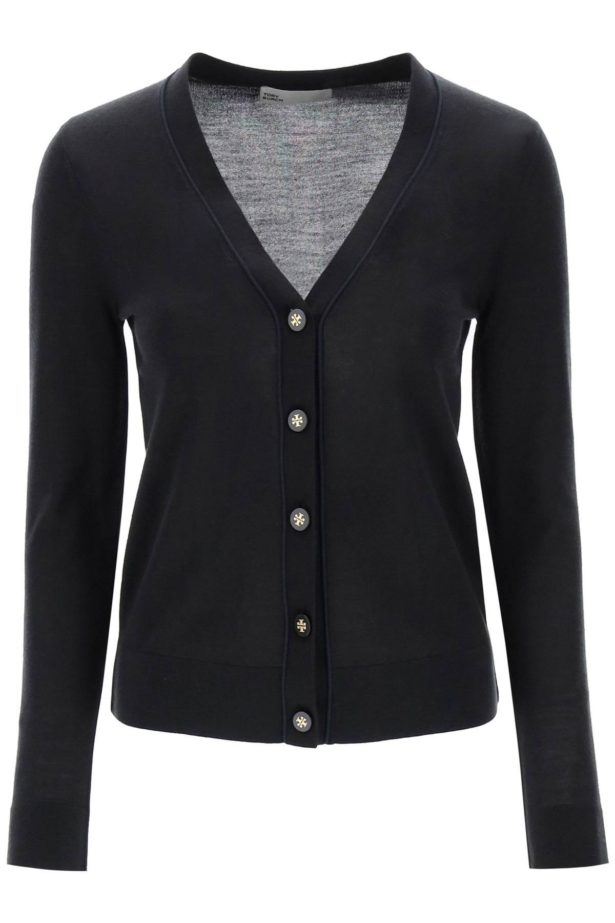 Shop Tory Burch 'simone' Wool And Silk Cardigan In Black