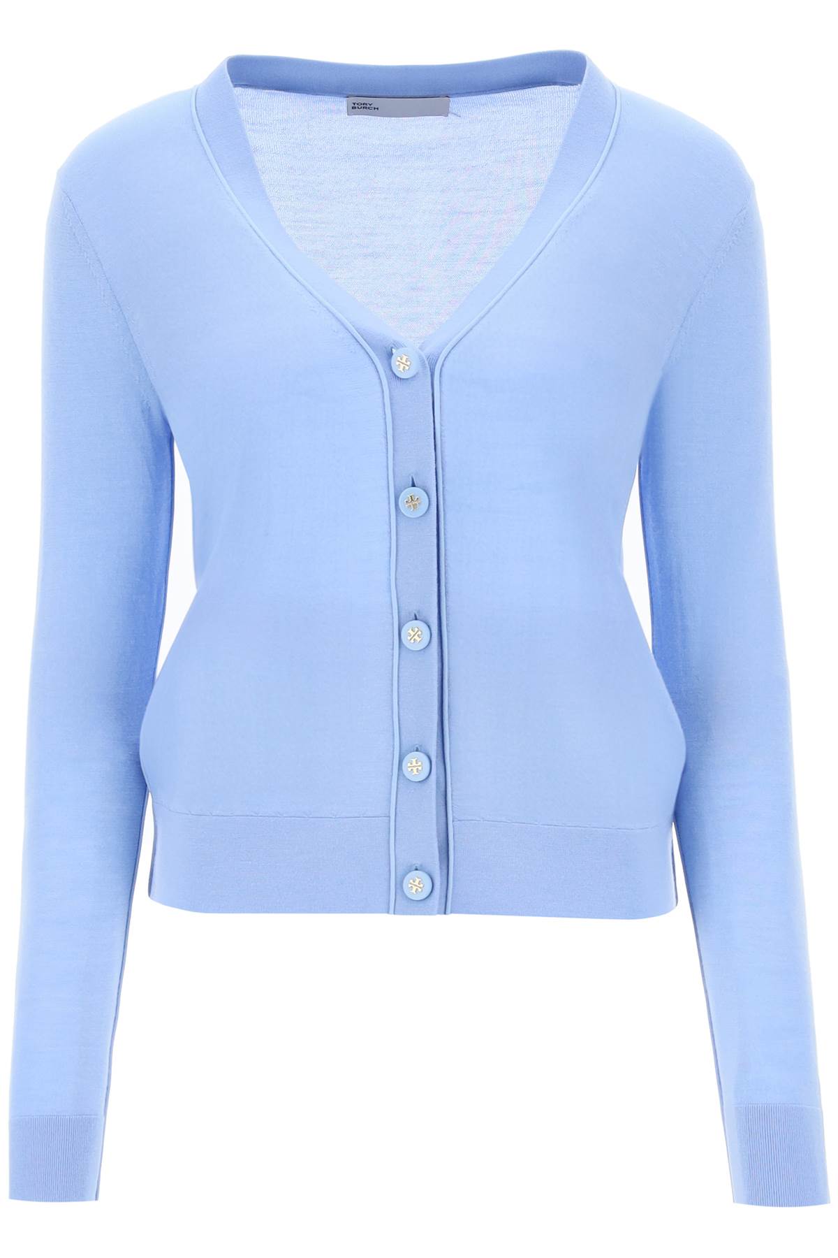 Shop Tory Burch 'simone' Wool And Silk Cardigan In Light Blue