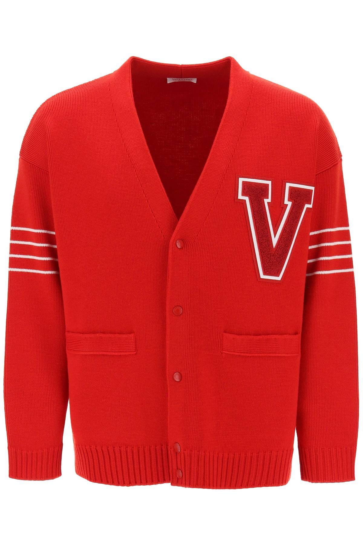 Shop Valentino V Patch Wool Cardigan In Red