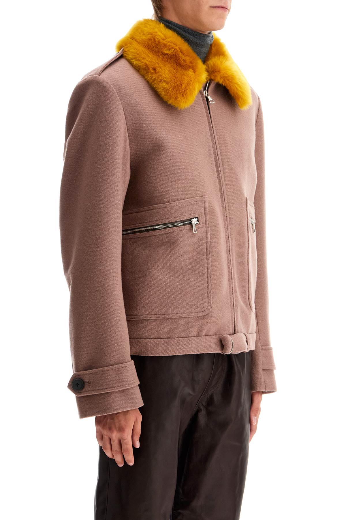 Shop Dries Van Noten Wool Blouson With Faux Fur Collar In Pink