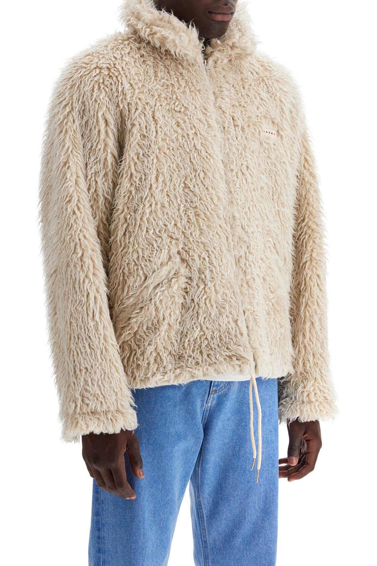 Shop Marni Faux Fur Jacket With Removable Hood. In Neutro