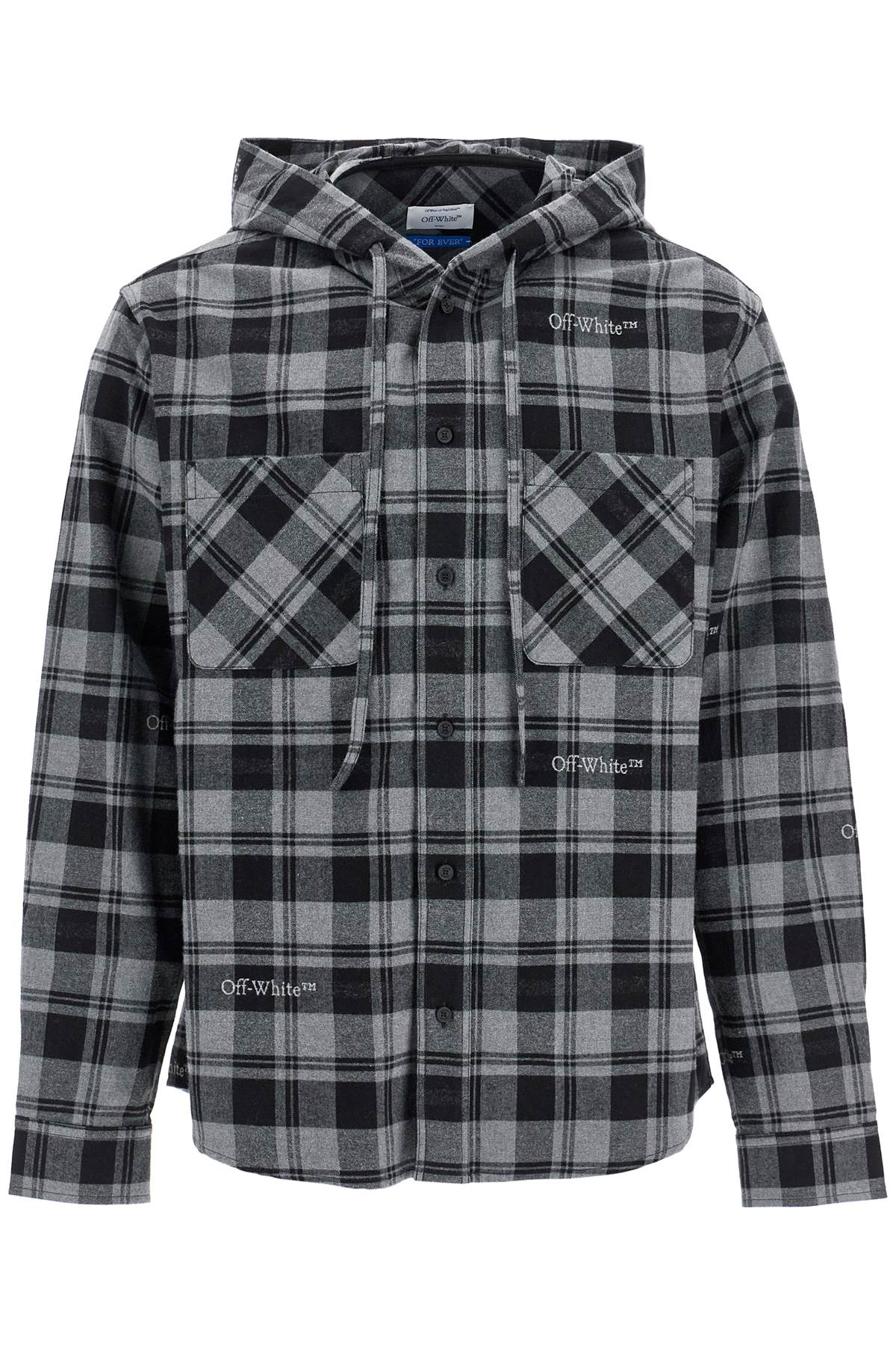 Shop Off-white Checked Overshirt With Hood In Grey