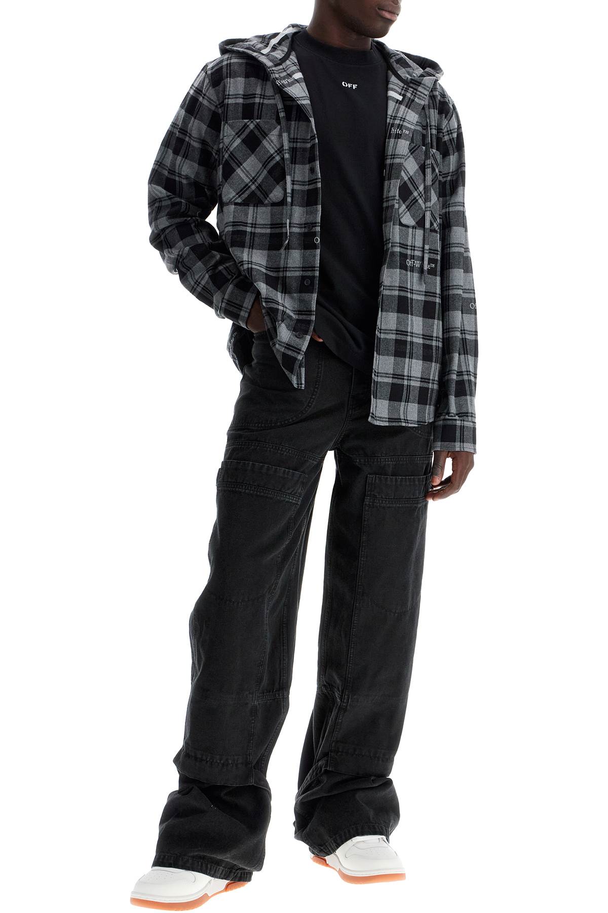 Shop Off-white Checked Overshirt With Hood In Grey