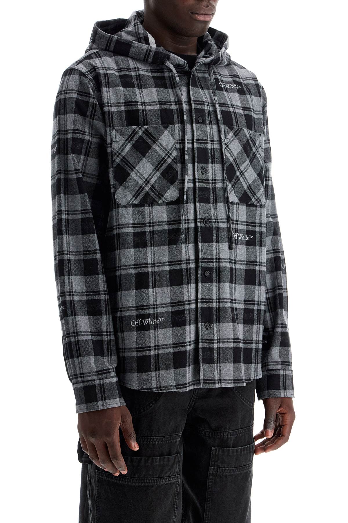 Shop Off-white Checked Overshirt With Hood In Grey