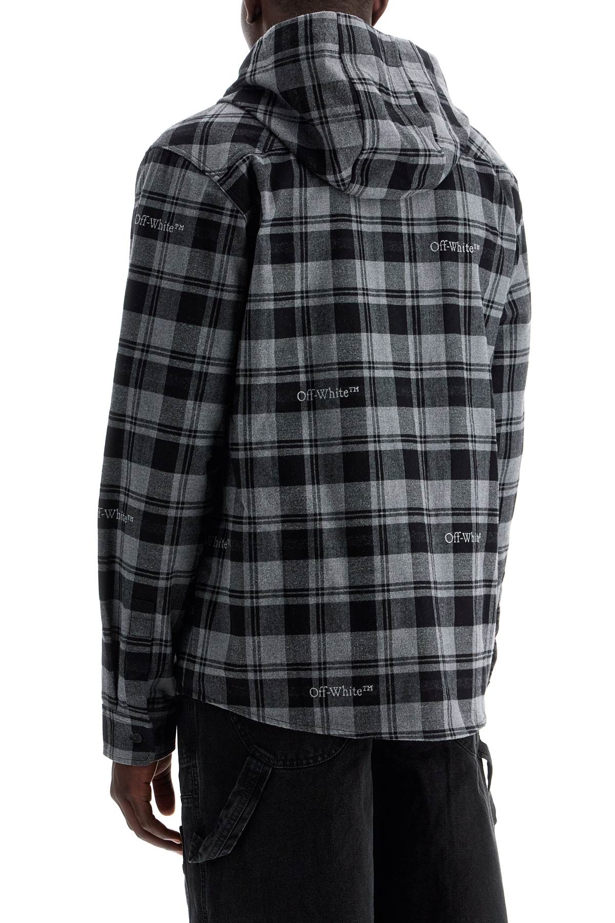 Shop Off-white Checked Overshirt With Hood In Grey