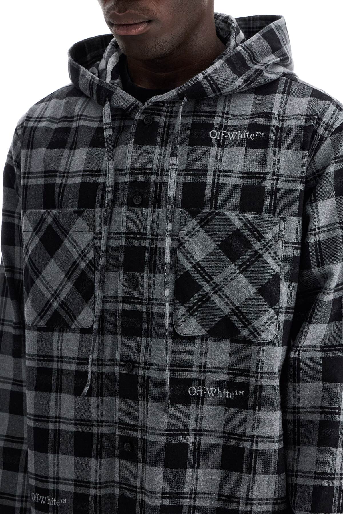 Shop Off-white Checked Overshirt With Hood In Grey