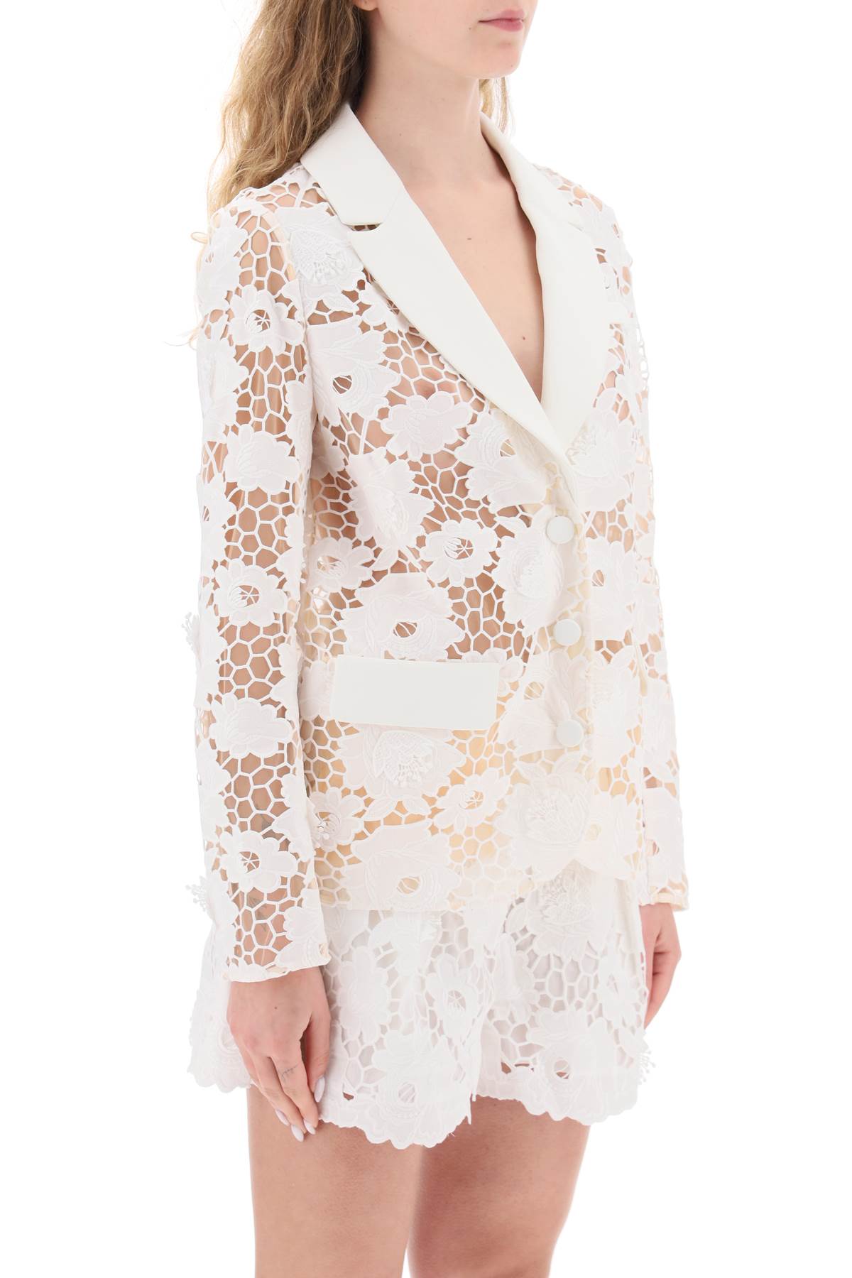 Shop Self-portrait Cotton Floral Lace Jacket In White