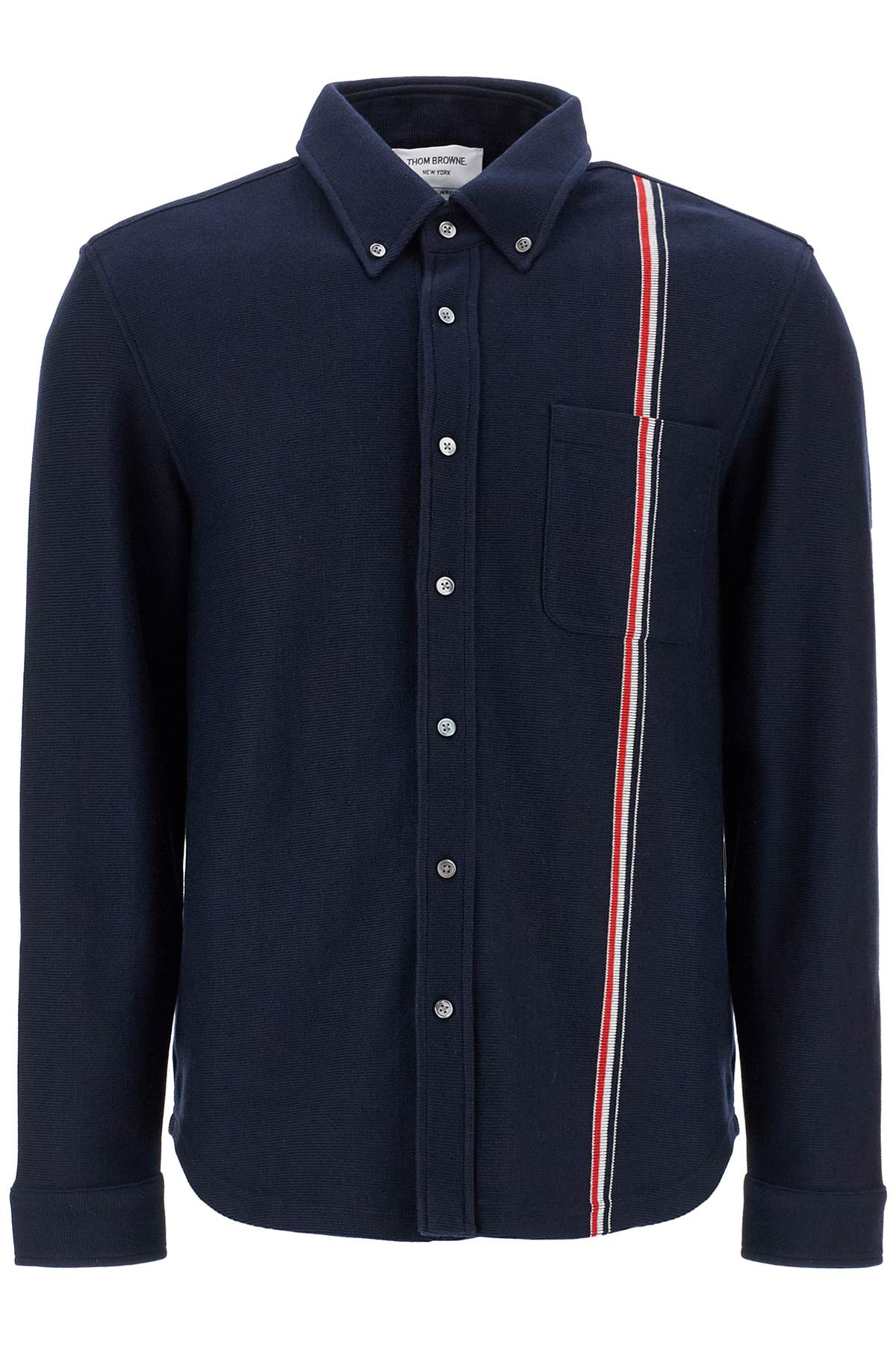 Shop Thom Browne "button-down Overshirt In Knit With Tricolor In Blue