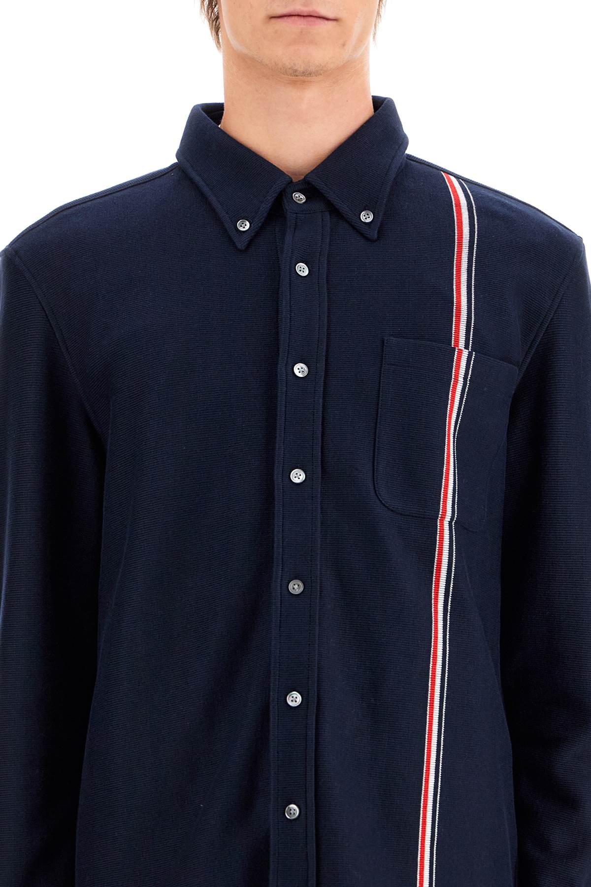 Shop Thom Browne "button-down Overshirt In Knit With Tricolor In Blue