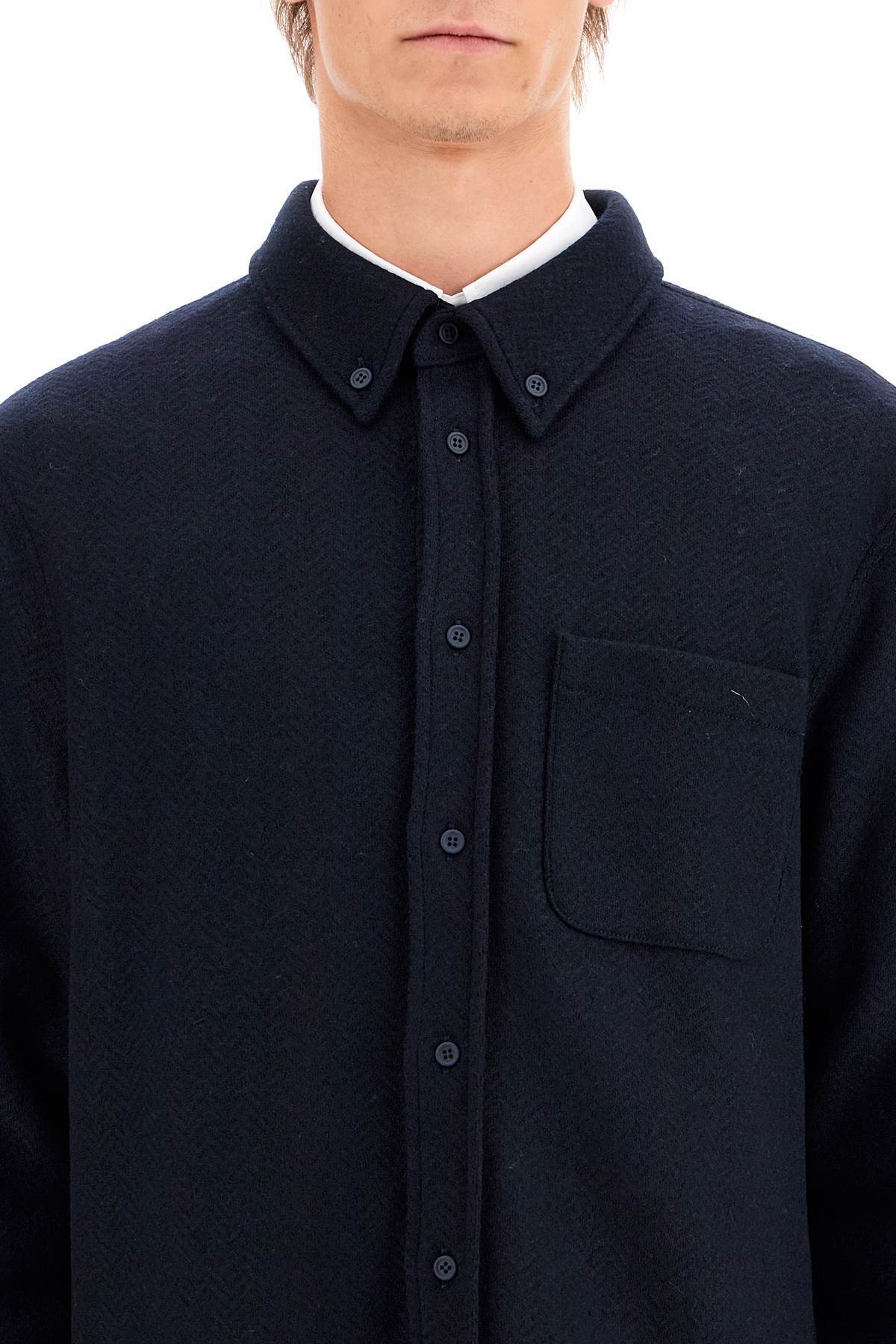 Shop Thom Browne Herringbone Wool Blend Overshirt In Blue