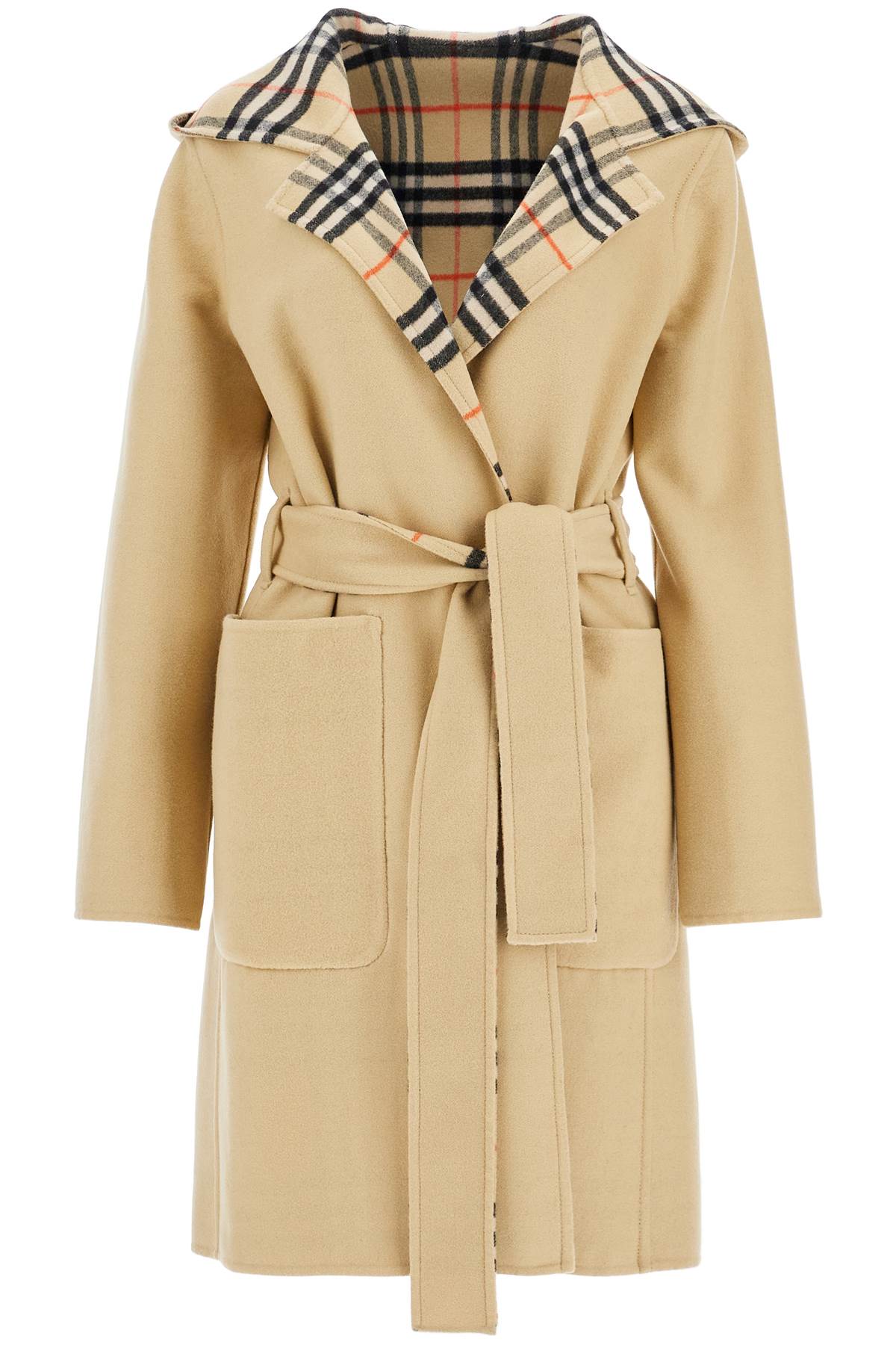 Shop Burberry Reversible Wool Coat With Lap In Beige