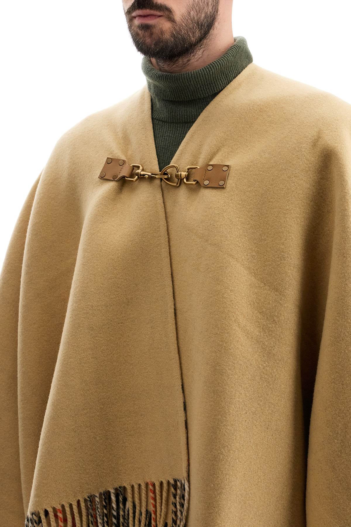 Shop Burberry Wool Cape With Fringes. In Beige