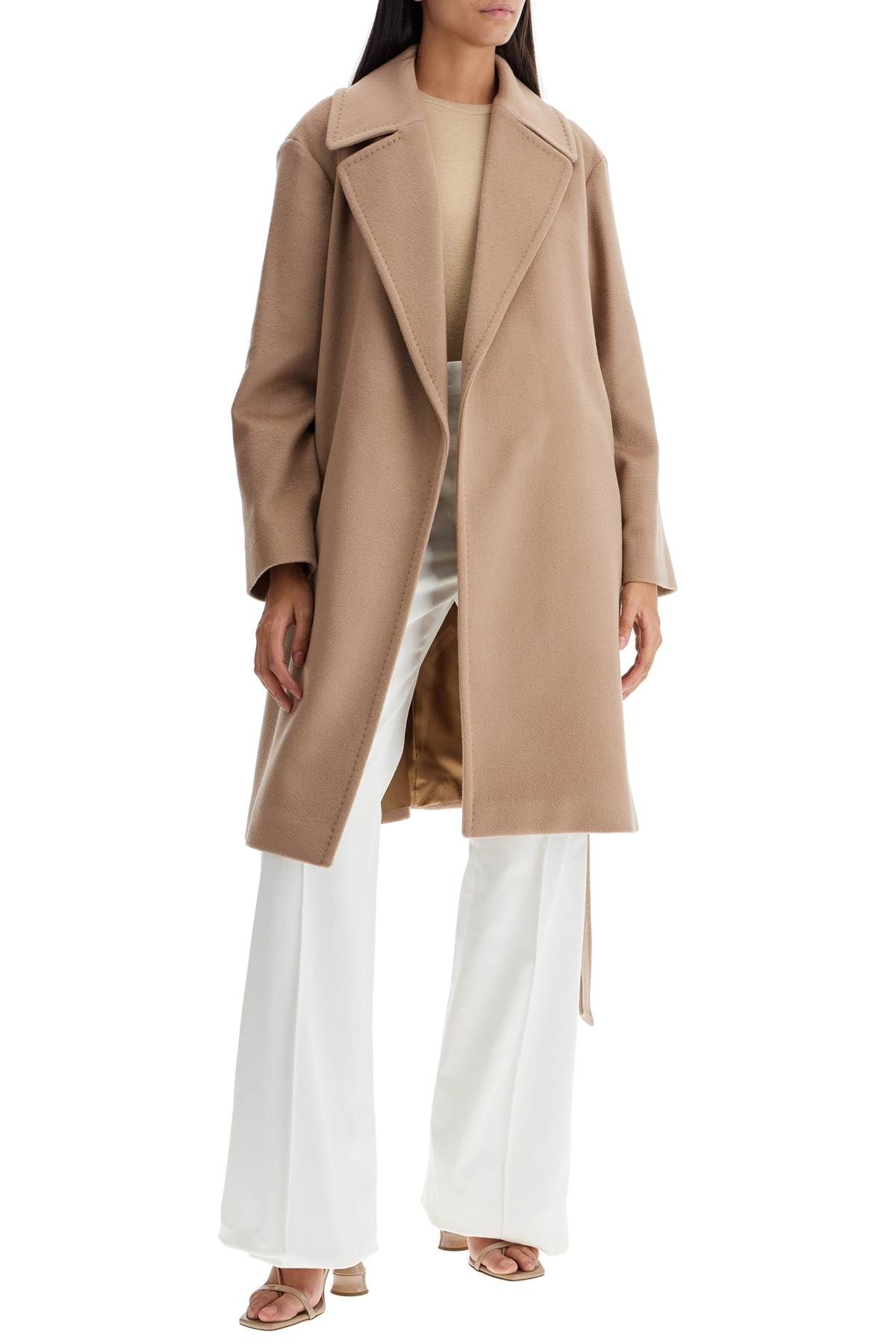 Shop Max Mara Mid-length Wool Wrap Coat With Robe-style In Beige