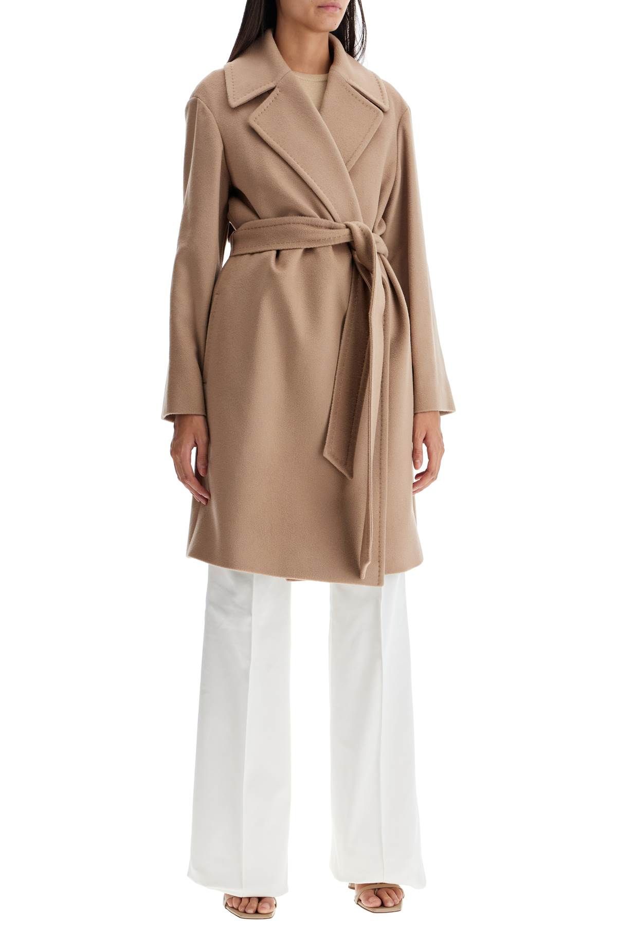 Shop Max Mara Mid-length Wool Wrap Coat With Robe-style In Beige