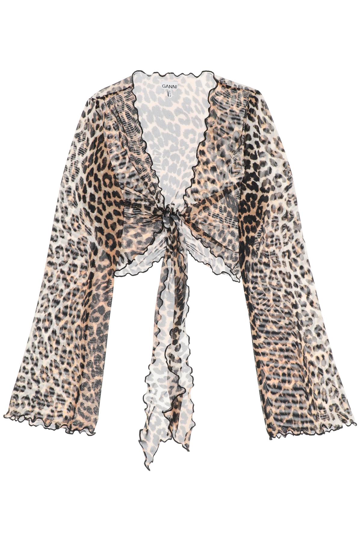 Shop Ganni Cover Up Cropped Top In Mesh With Leopard Print In Beige,black