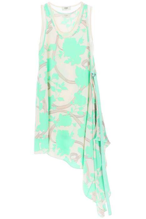 fendi asymmetrical silk satin dress with 'fendi roses' motif