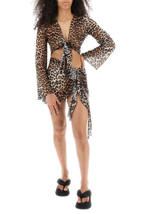 ganni cover up cropped top in mesh with leopard print