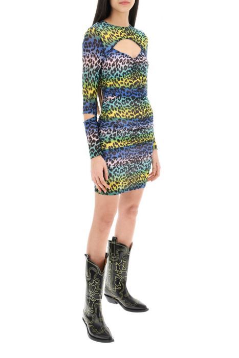 ganni multicolored leopard print mesh minidress