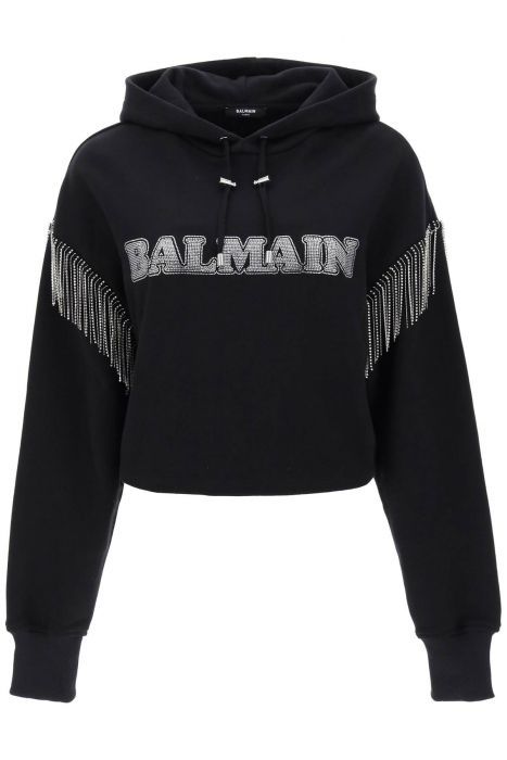 balmain cropped hoodie with rhinestone-studded logo and crystal cupchains