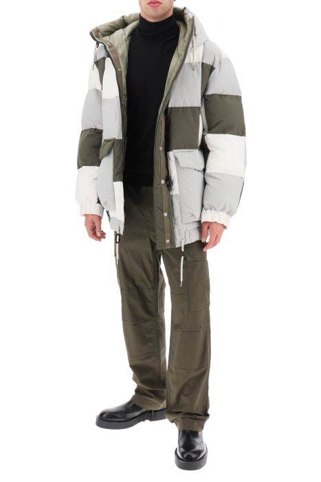 sacai hooded puffer jacket with checkerboard pattern