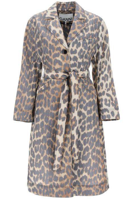ganni trench coat in leopard faille