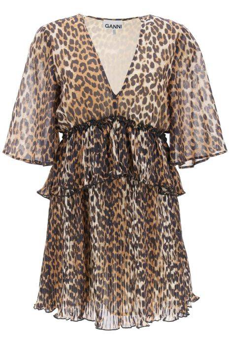 ganni pleated mini dress with leopard motif