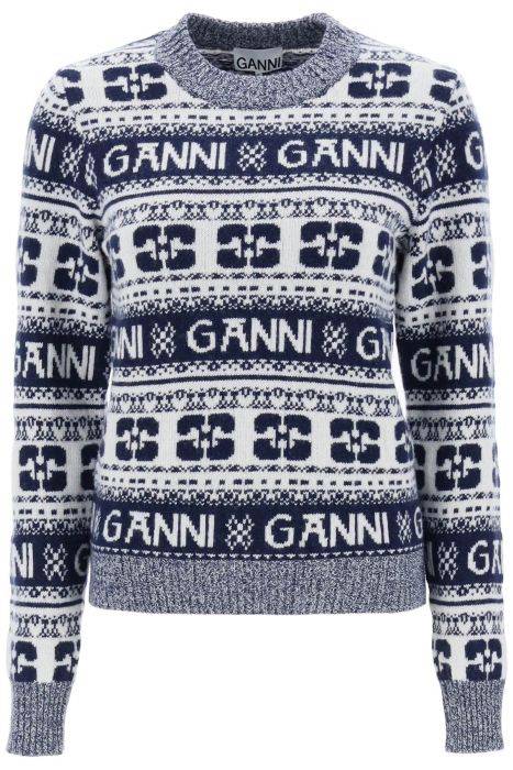 ganni jacquard wool sweater with logo pattern