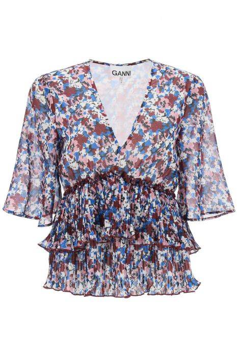 ganni pleated blouse with floral motif