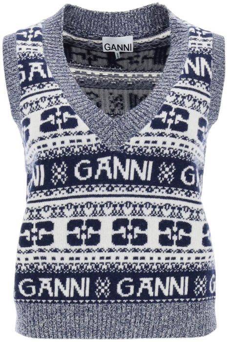 ganni jacquard wool vest with logo pattern