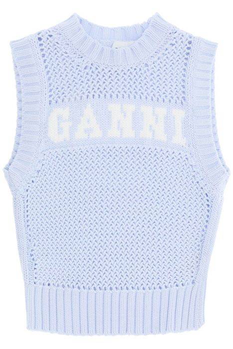 ganni open-stitch knitted vest with logo