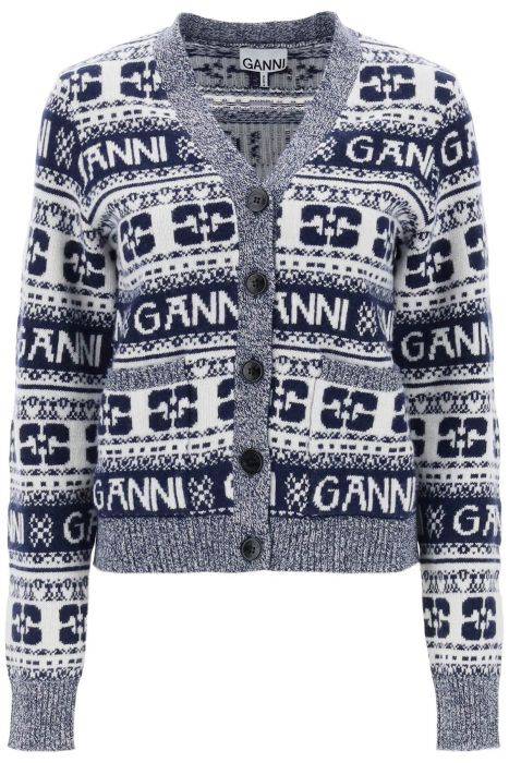 ganni cardigan in lana jacquard con motivo logo
