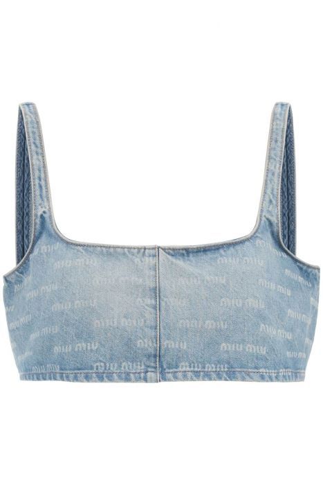 miu miu crop top in denim con motivo logo