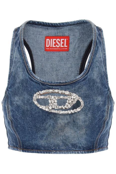 diesel denim crop top with jewel buckle