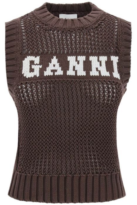 ganni gilet in maglia traforata con logo