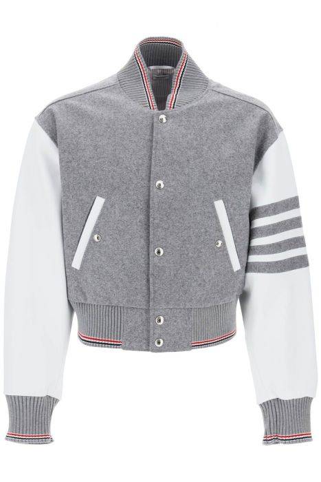 thom browne wool bomber jacket with leather sleeves and