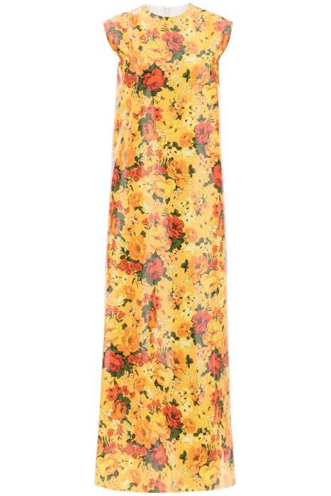 balenciaga maxi abito smanicato faux vinyl floral