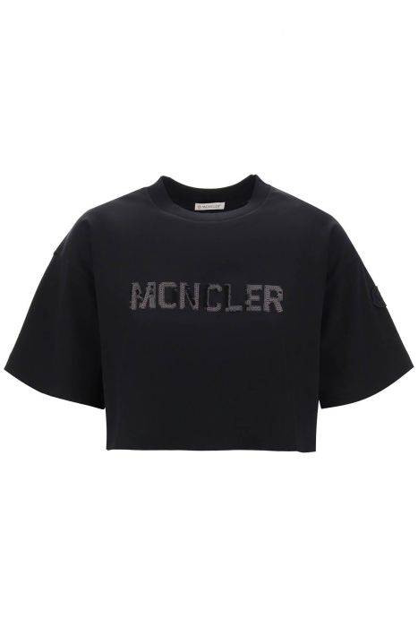 moncler t-shirt cropped con logo in paillettes