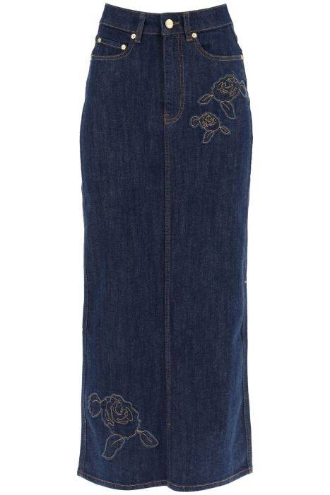 ganni maxi denim skirt with pink embroidery
