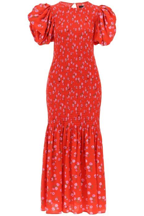 rotate floral printed maxi dress with puffed sleeves in satin fabric