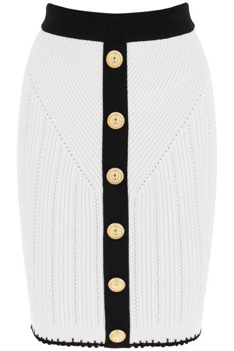 balmain bicolor knit midi skirt with embossed buttons