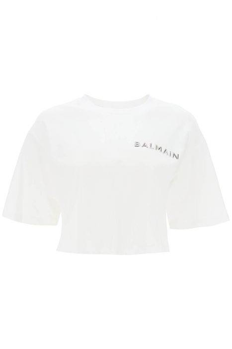balmain t-shirt cropped con logo metallico