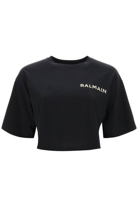 balmain t-shirt cropped con logo metallico