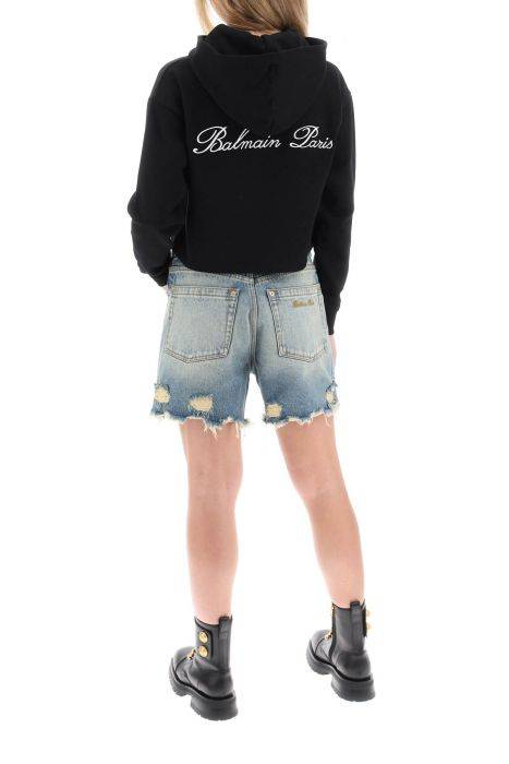 balmain cropped hoodie with logo embroidery